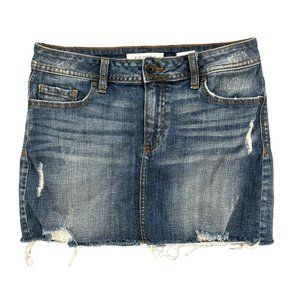 Eunina Blue Mid-wash Distressed Aubree Mid Rise Mini Skirt fits like a MED